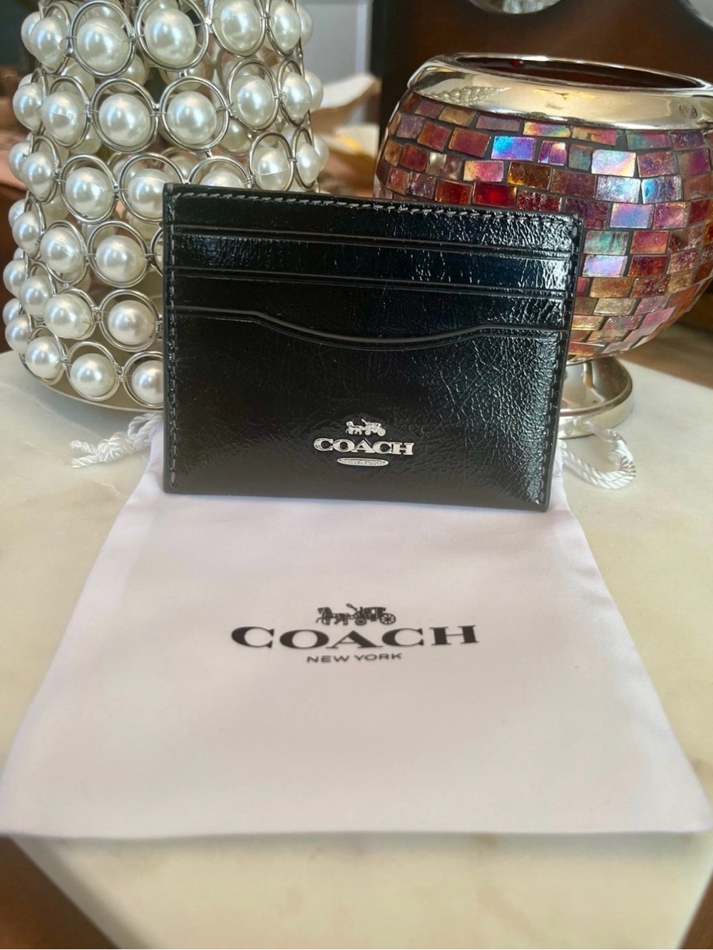 Coach Slim ID Card Case w/Black Glaze Crinkle Leather & Dust Bag